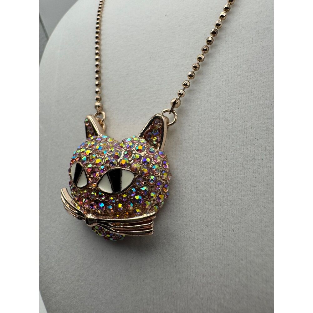 Y2K Betsey Johnson Fairy Goth Just Kitten Around AB Rhinestone Pendant Necklace